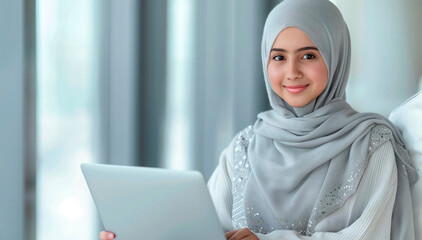 Muslim young woman in a light grey hijab smiling while using a laptop in a bright, modern office setting. A portrait symbolizing education, empowerment, and technology