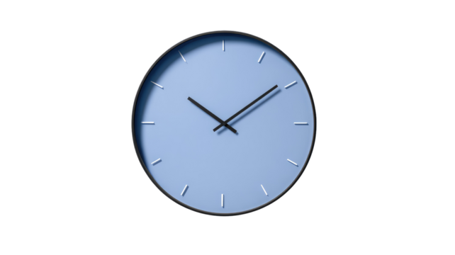 A minimalist light blue clock with black hands and markers isolated against a black background space on transparent background