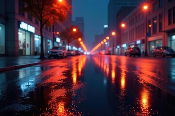Fototapeta premium Abstract late-night city lights reflecting on wet pavement, abstract, evening, blurred