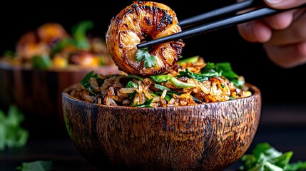 Shrimp Fried Rice Served in a Coconut Bowl