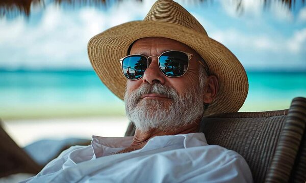 Stylish senior caucasian man in straw hat and sunglasses relaxing on beach chair with sea and sky in background. Concept of luxury retirement and leisure