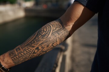Intricate arm tattoo design on a person's forearm.