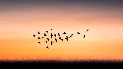 Silhouetted Birds in Flight Over an Orange Sunset