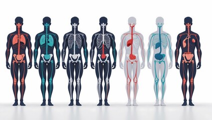 a set of 6 human body silhouettes each representing a different internal system (nervous system muscular system skeletal system digestive system respiratory system lymphatic system). each silhouette s