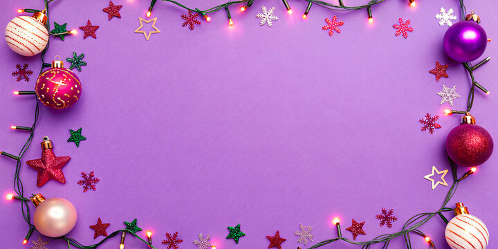 Festive Christmas Ornaments with Glass Balls and Star Shapes on Purple Holiday Background - Powered by Adobe