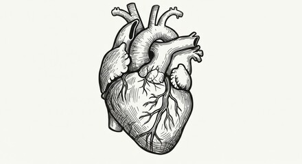 Detailed ink sketch illustration showcasing the anatomical complexity of human heart