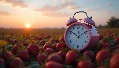 Pink Alarm Clock in a Strawberry Field at Sunrise