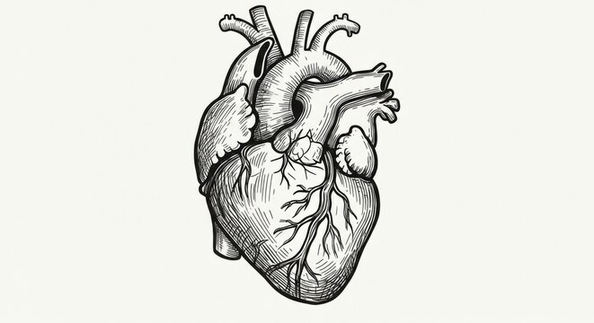 Detailed ink sketch illustration showcasing the anatomical complexity of human heart