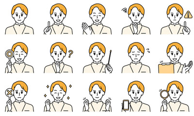 表情とポーズで感情を表す白衣を着用した看護師の男性のイラストセット