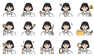 表情とポーズで感情を表す白衣を着用した看護師の女性のイラストセット