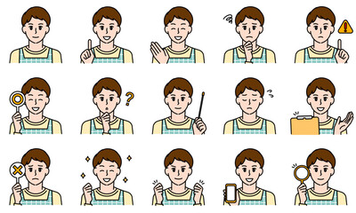表情とポーズで感情を表すエプロンを着用した保育士の男性のイラストセット