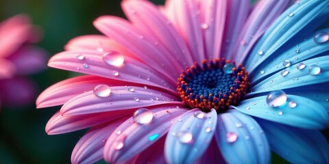 A vibrant close-up showcasing a flower's delicate petals, adorned with glistening morning dew, exhibiting a captivating gradient of pink and blue hues.