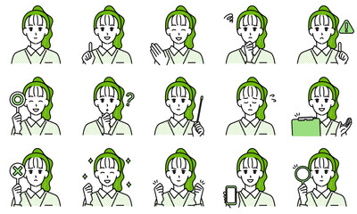 表情とポーズで感情を表すシャツを着用した介護士の女性のイラストセット