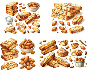 classic almond biscotti with whole almonds and a light sugar dusting. watercolor clipart illustration isolated on a white background