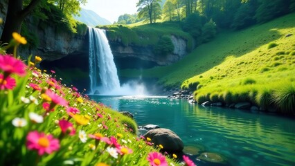 Naklejka premium Serene Waterfall Cascading into a Vibrant Emerald Pool Surrounded by Lush Greenery and a Meadow of Colorful Blossoms