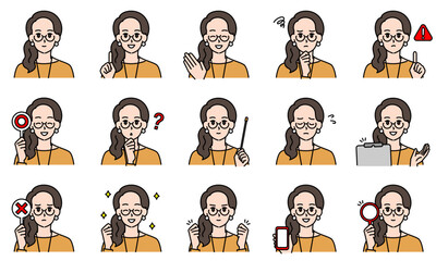 表情とポーズで感情を表すカジュアルファッションな女性のイラストセット