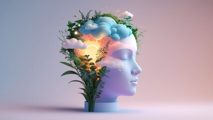 isometric 3d illustration of a peaceful head silhouette filled with nature elements (plants clouds light) pastel gradient background soft abstract textures symbolic of mental clarity blank space on si