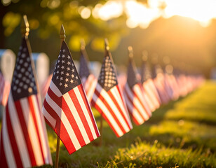 Rows of small American flags placed on graves in a veterans cemetery during sunrise
