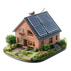 Meticulously detailed illustration of a residential structure with integrated solar panels. The home is depicted with lush landscaping on a raised platform.