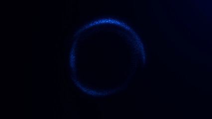 Abstract illustration of a rotating blue vortex made of digital particles around a sphere on a dark background. Perfect for sci-fi, virtual reality, and tech visuals.