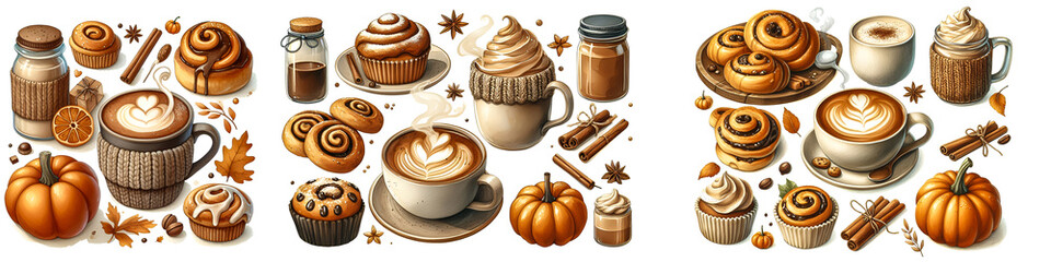 cozy cafe-inspired autumn spread, including a pumpkin spice latte, cinnamon rolls, maple cookies, and a warm mug of hot chocolate. watercolor clipart illustration isolated on a white background