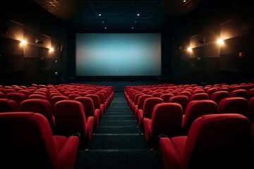 Empty modern cinema hall with red seats and blank white screen in dark interior, perfect for presentation or advertising mockup template us