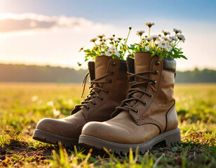 A pair of soldier�s boots filled with sprouting wildflowers sitting on an open field