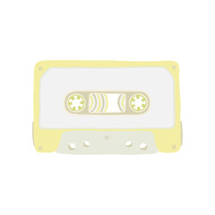 Fototapeta premium Illustration of an audio cassette tape yellow color and cartoon cute flat design. Analog media for recording and listening to music.