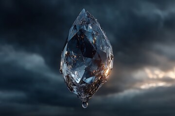 Majestic crystal teardrop floating in the dark