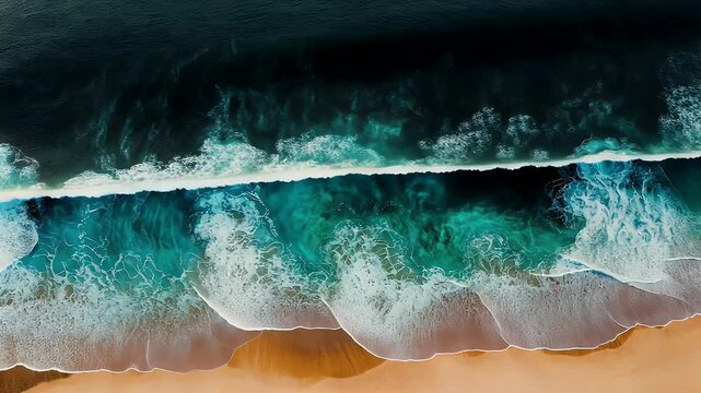 Aerial view of sea waves hitting sandy beach
