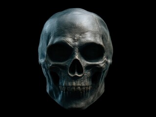 Realistic human skull with a smooth surface, prominent eye sockets, nose cavity, and detailed teeth. The monochrome appearance emphasizes contours and texture. Eerie and captivating