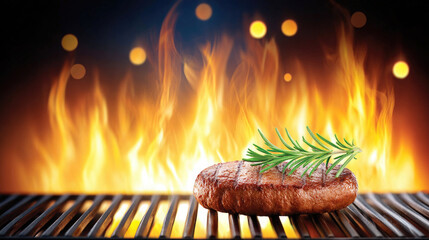 A perfectly grilled steak sits on a barbecue grate, adorned with fresh herbs. The vivid flames in the background emphasize the joy of preparing healthy grilled meals