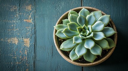 Close-Up of Succulent Plant in Decorative Pot on Rustic Wooden Table Surface
