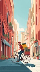 Fototapeta premium illustration of a fast-food delivery man on a bicycle on a city street