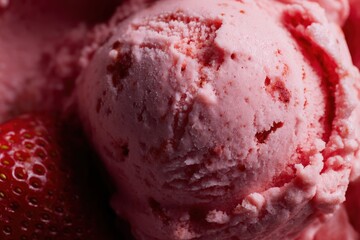 Creamy pink strawberry ice cream close-up.