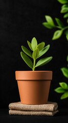 Small Green Plant in Terracotta Pot on Burlap
