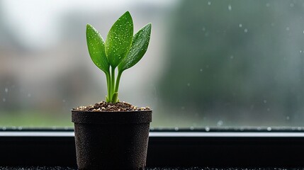 Small Green Sprout in a Dark Pot Near a Rainy Window