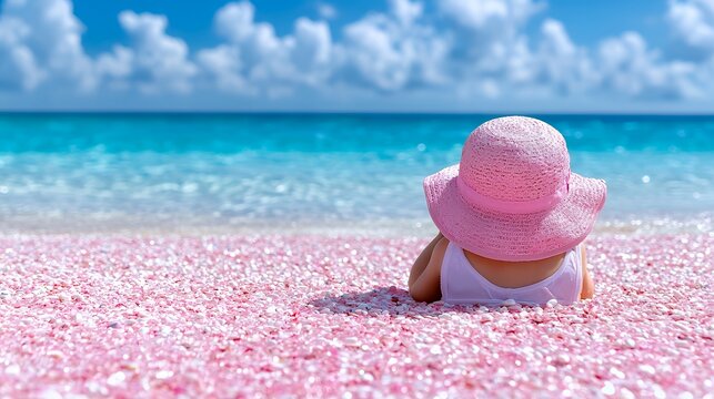 Baby on Beach Wearing Pink Hat