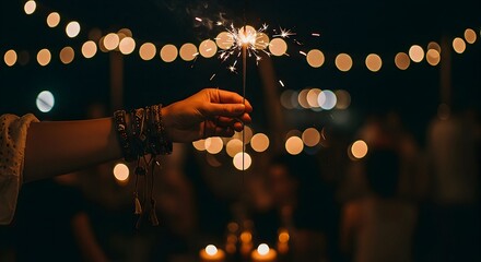 Holding Sparkler at Night Celebration with Bokeh Lights
