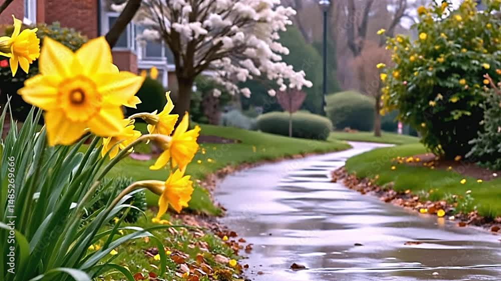 Poster serene suburban scene vibrant yellow daffodils blooming along wet winding pathway. lush greenery wel