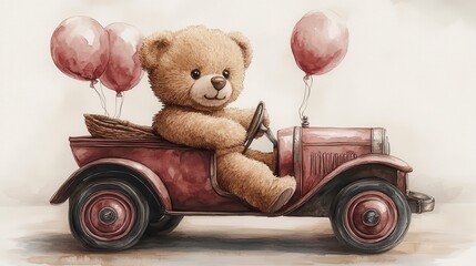 Cute bear driving a car, balloons in tow, watercolor style