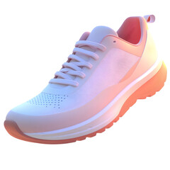 Light pink running shoe on a peach-colored display platform, presented in a digitally rendered style.