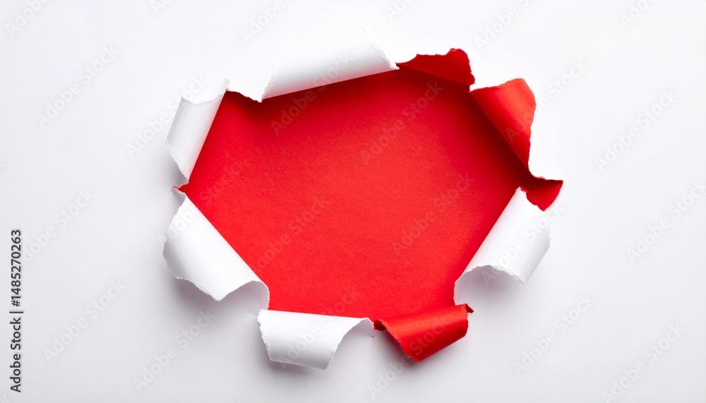 Poster hole torn in paper revealing a bold red background. the torn edges of the paper curl inwards, creati