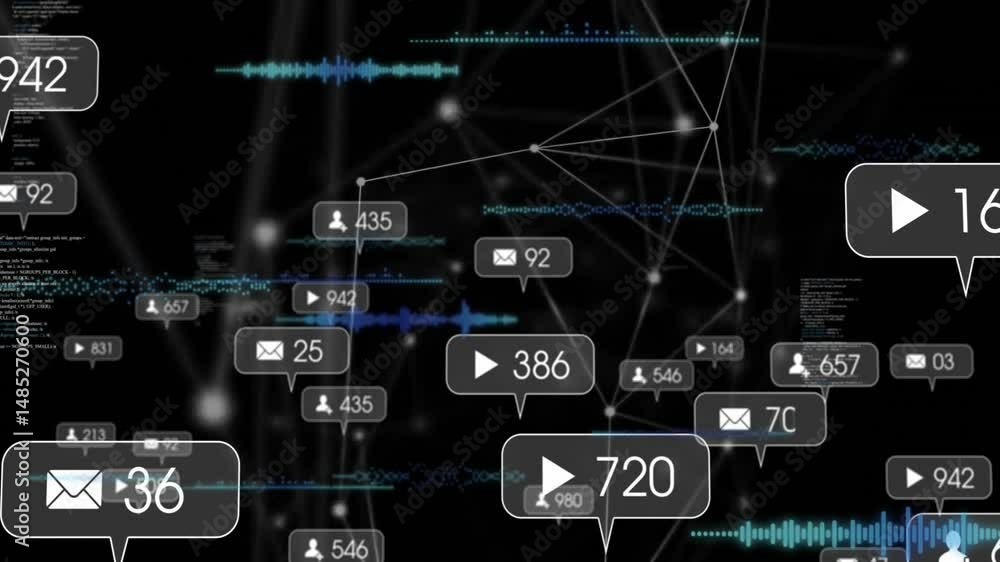 Poster center notification bubble showing play icon and 720 floating over network graph with waveforms