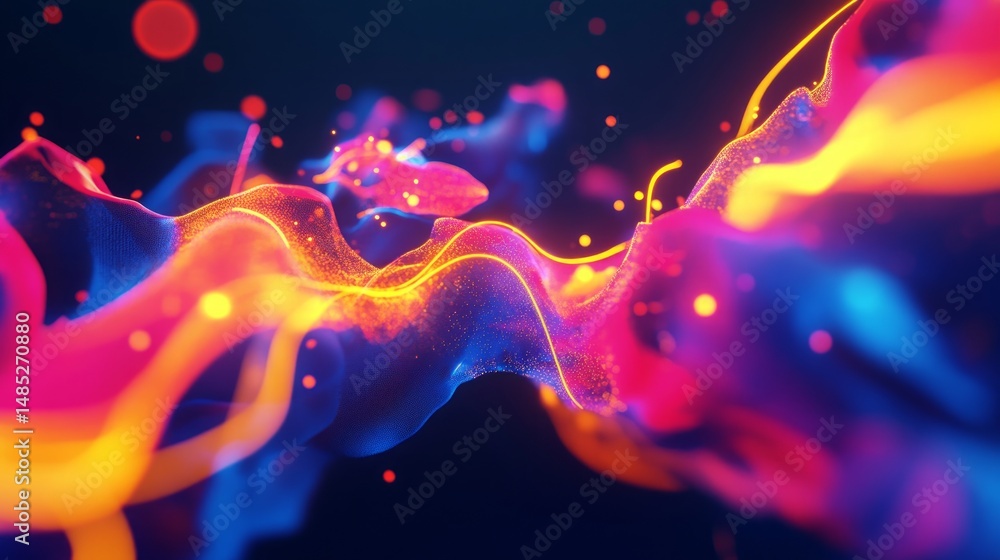 Wall mural abstract digital artwork with glowing colorful wavy lines and particle effects on dark background