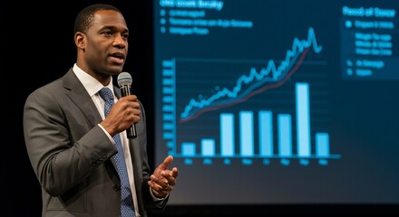 Confident speaker addressing chartfilled audience