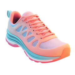 Vibrant pair of running shoes, rendered in a colorful design featuring light pink, coral, and teal accents. The shoe's detailed structure is showcased in a modern style.