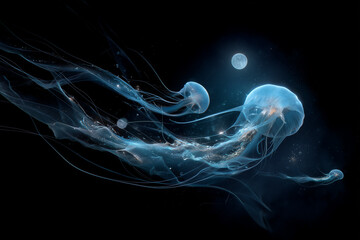 Obraz premium Translucent celestial sea creatures drifting in orbit with glowing tendrils. 
