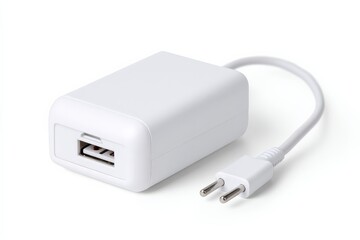 Fototapeta premium White USB power adapter with a two-prong plug. Compact and minimalist design, perfect for travel.