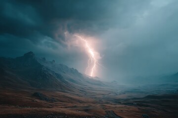 Dramatic lightning strike over mountain landscape